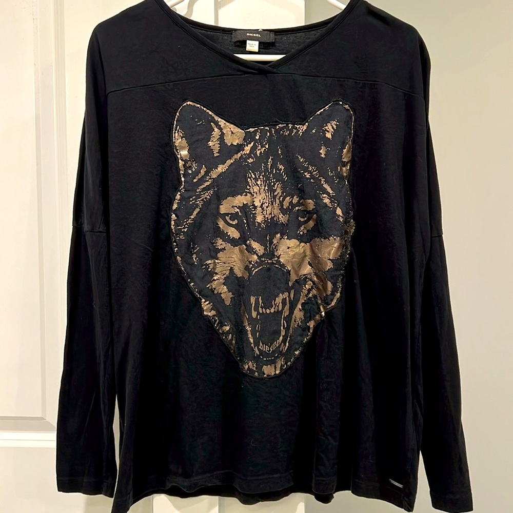 Diesel long sleeve oversized T-Shirt, black with gold wolf print, size S.